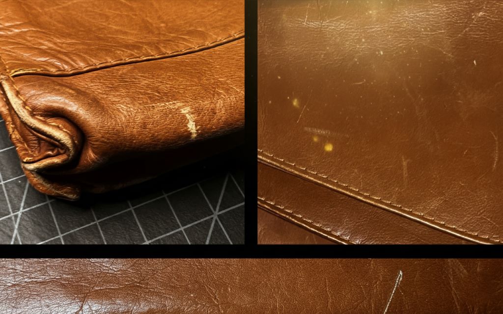 Close-up of a soft cloth cleaning a scratched leather purse with a leather cleaner bottle nearby