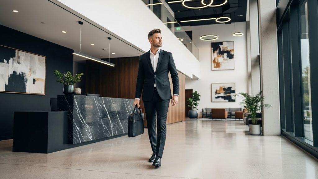 Professional man carrying sleek black leather minimalist briefcase in modern office lobby