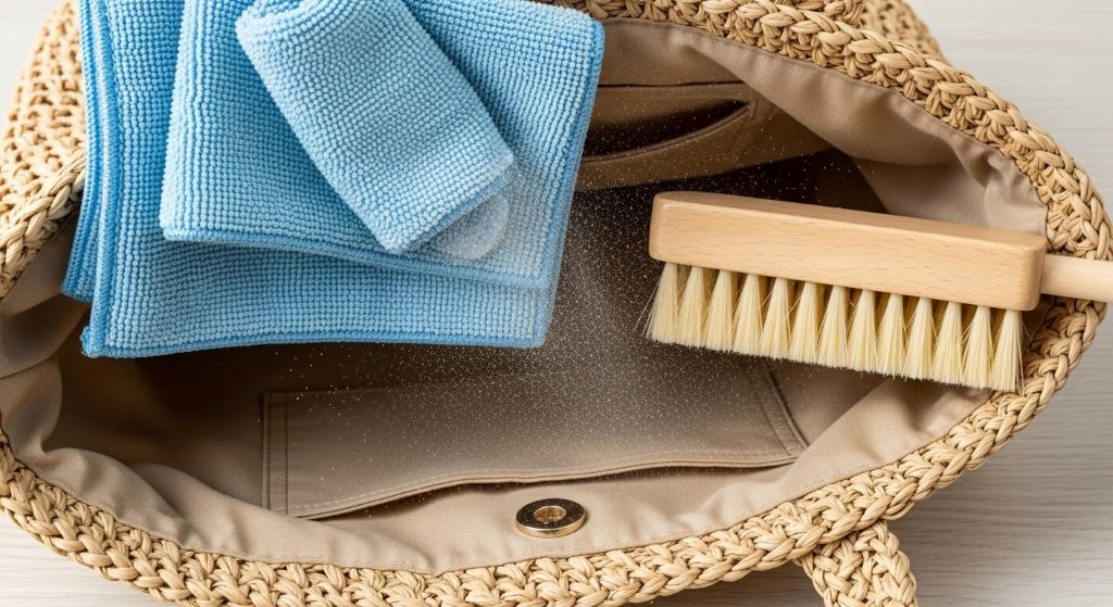 Microfiber cloth and soft bristled brush removing dust from inside natural raffia tote bag with fabric lining