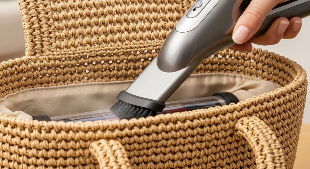 Handheld vacuum with soft brush attachment cleaning interior lining of luxury woven raffia handbag