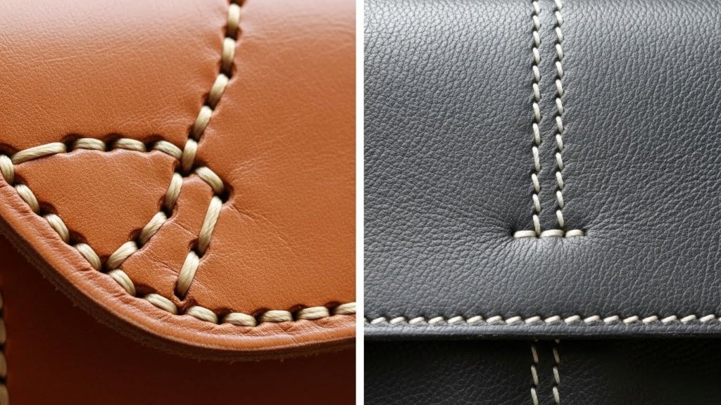 Close-up comparison showing handcrafted leather bag stitching quality versus factory-made machine stitching