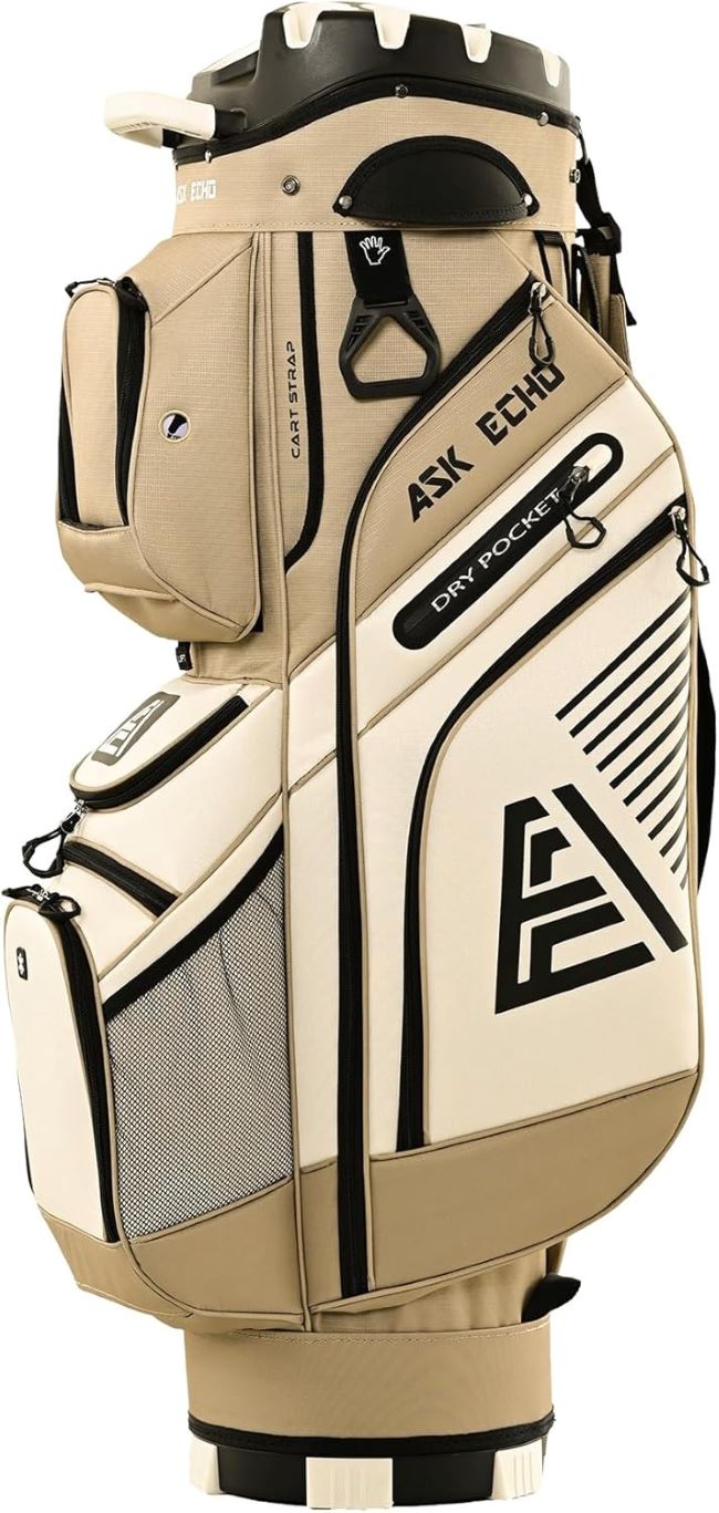 ASK ECHO T-Lock golf cart bag, premium 14-way divider top, rain cover, handles, designed for men and cart use