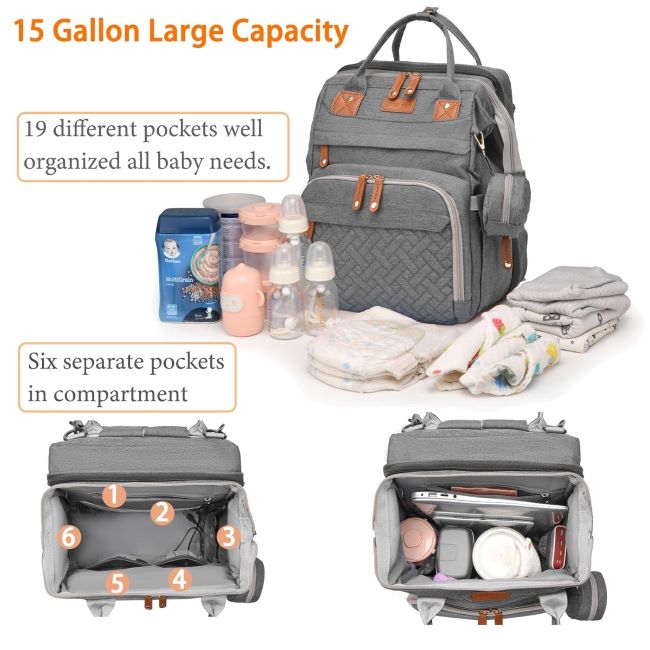 Astro Alan grey diaper bag backpack with changing station, waterproof large capacity baby bag with USB charging port