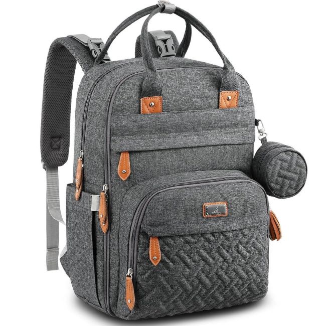 BabbleRoo dark gray diaper bag backpack with changing pad, stroller straps and pacifier case travel baby essentials bag