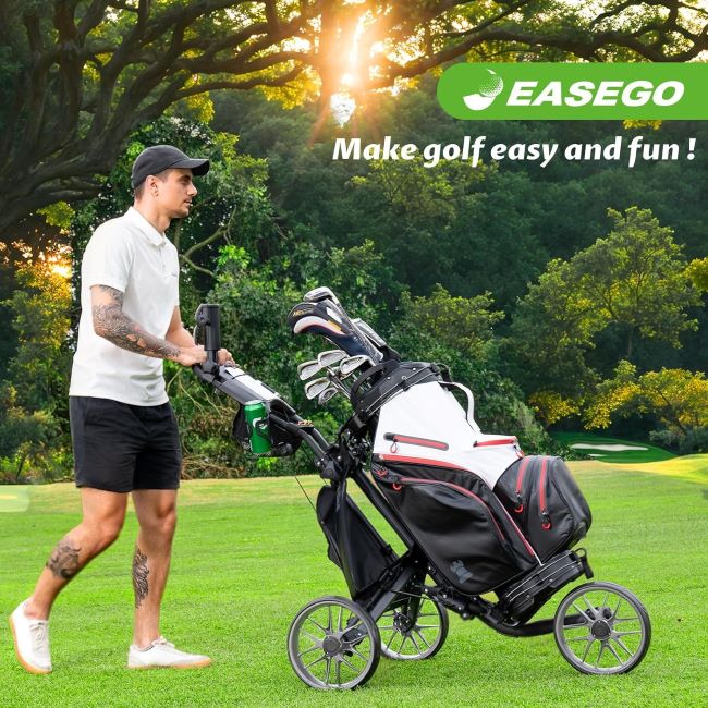 EASEGO 3-wheel golf push cart, foldable with phone, cup, and umbrella holders, large wheels for all terrains