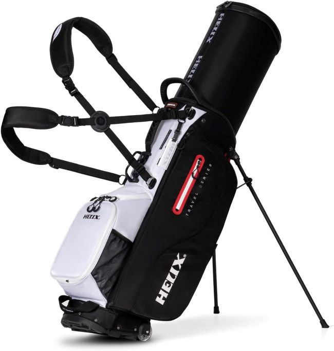 HELIX retractable golf stand bag with wheels, portable and stable for smooth terrain navigation