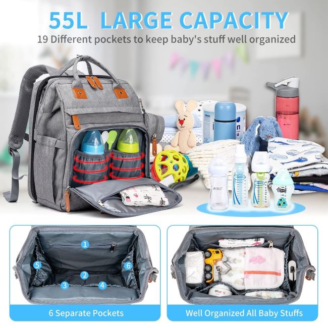KABAQOO grey diaper bag backpack with detachable changing station large capacity newborn essentials baby bag