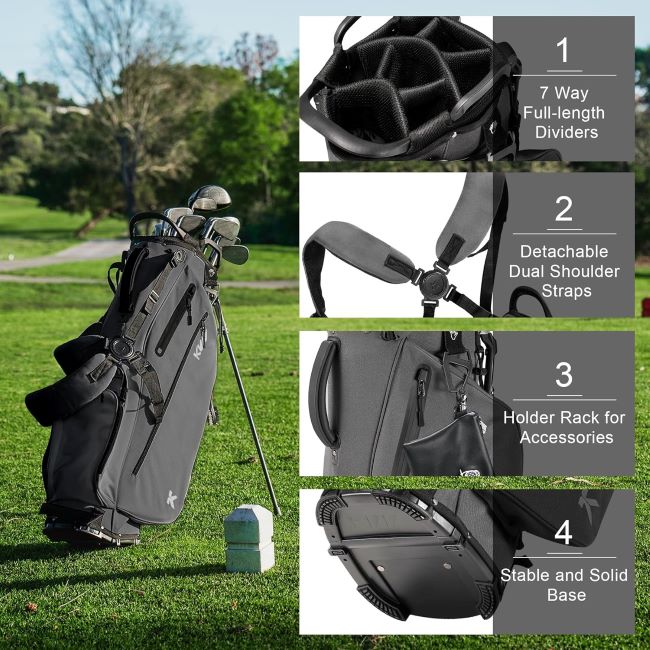 KVV lightweight golf stand bag, 7-way full-length dividers, 5 zippered pockets, adjustable dual straps, elegant style