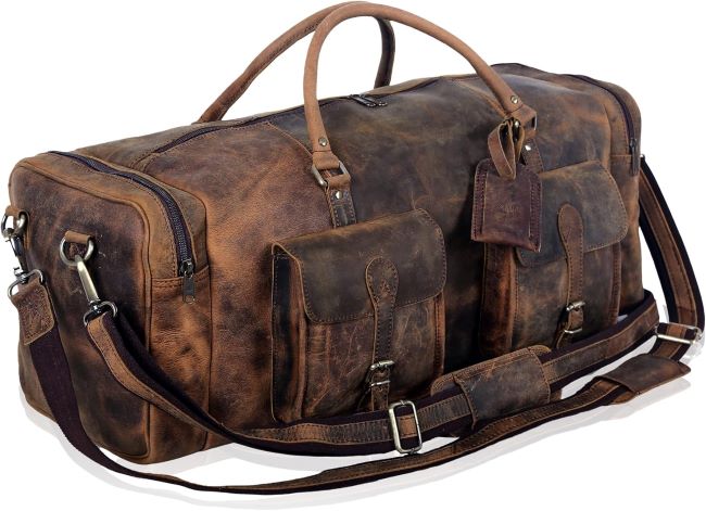 KomalC 28 inch distressed brown leather travel duffel bag for weekend and gym use