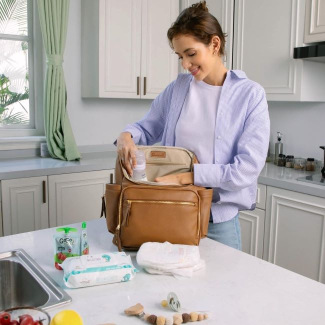 Omanmoli brown leather diaper bag backpack with multiple organizer pockets insulated holders and stroller straps