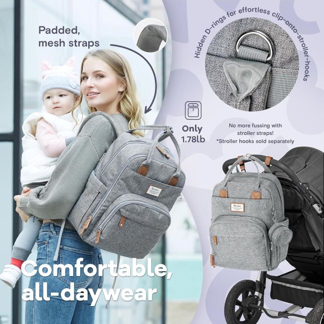 RUVALINO gray waterproof diaper bag backpack with insulated bottle holders and changing pad large capacity baby bag
