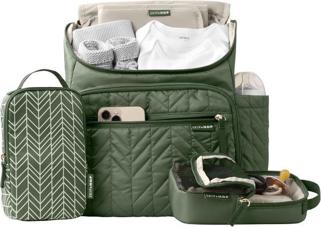 Skip Hop Forma sage green diaper bag backpack with changing pad and stroller attachment multi-function baby travel bag