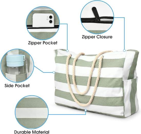 Becokan Large Waterproof Beach Tote Bag Zipper Edition