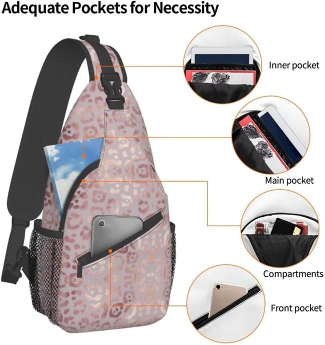 COFEIYISI leopard print sling bag for women, rose gold foil texture crossbody, casual travel daypack