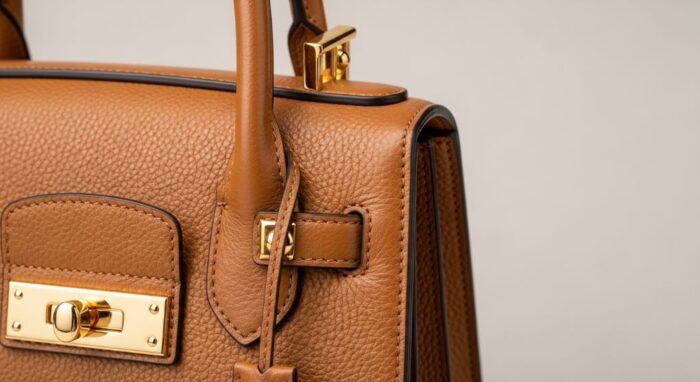 Close-up of a camel leather luxury mini bag with gold hardware on a neutral background