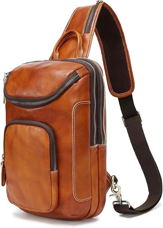 LANNSYNE vintage full-grain leather sling bag, crossbody chest daypack with classic style