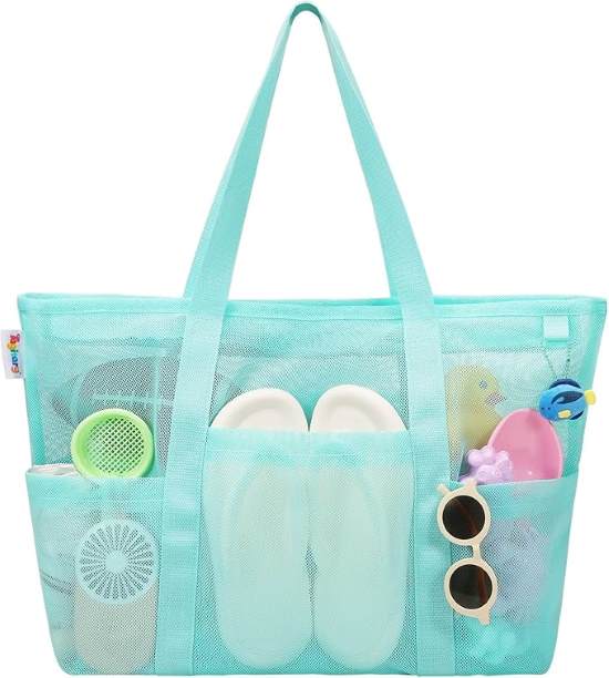 Tagitary Mesh Beach Bag with Zipper and 8 Pockets Large Waterproof Sandproof for Beach Pool Sports Travel