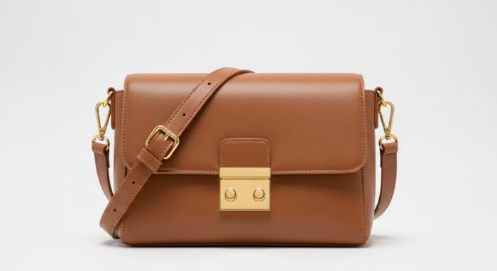A minimalist camel-colored shoulder bag with gold hardware on a clean white background, showcasing affordable quiet luxury.