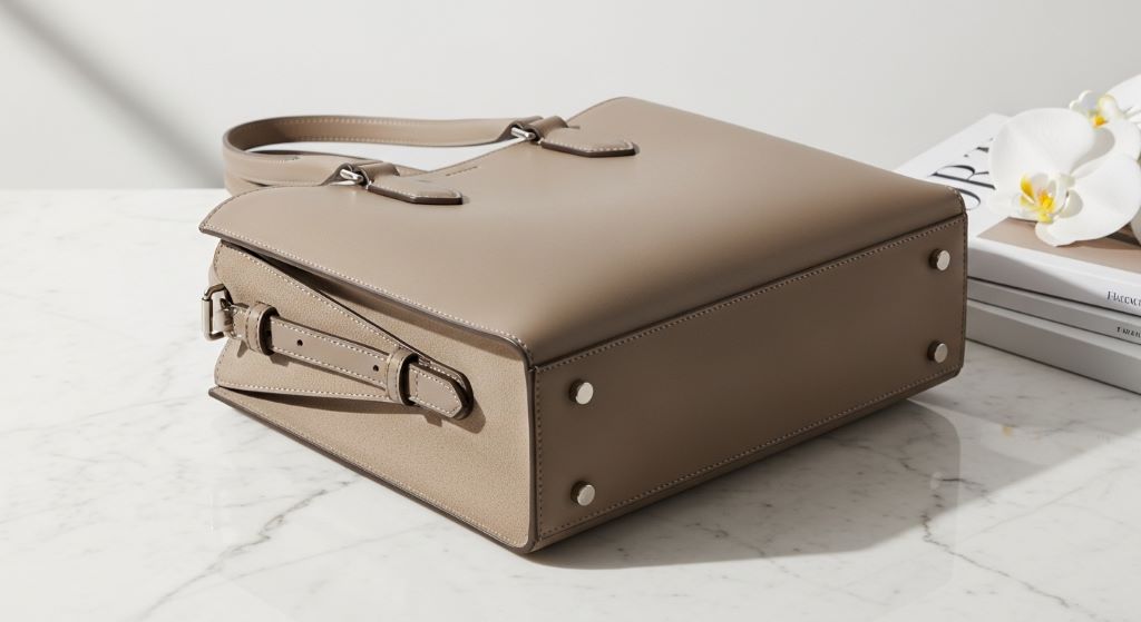 A neutral-toned structured leather tote bag placed on a marble surface, representing quiet luxury style.