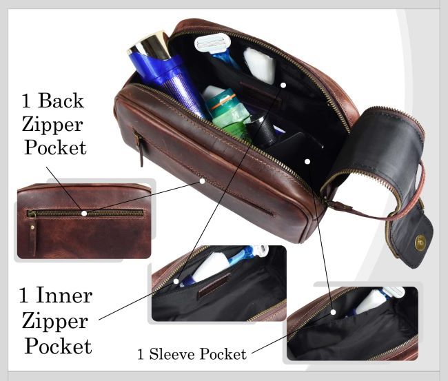 Aaron Leather dark brown leather toiletry bag with waterproof lining for grooming essentials and travel organization