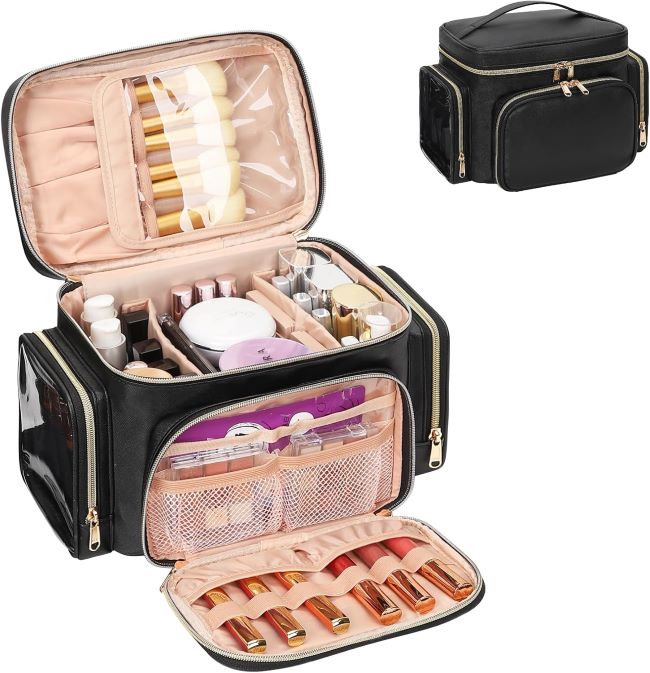 Bagmoly black travel makeup organizer bag with brush compartment, side pockets, and vertical cosmetic storage design