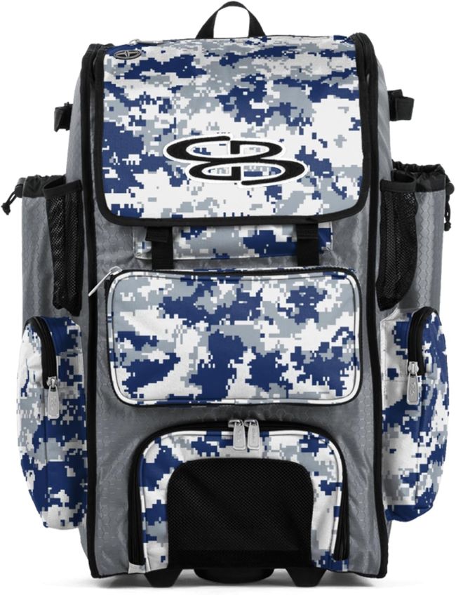 Boombah Superpack rolling baseball bag in digital camo design with bat storage and wheeled mobility for athletes