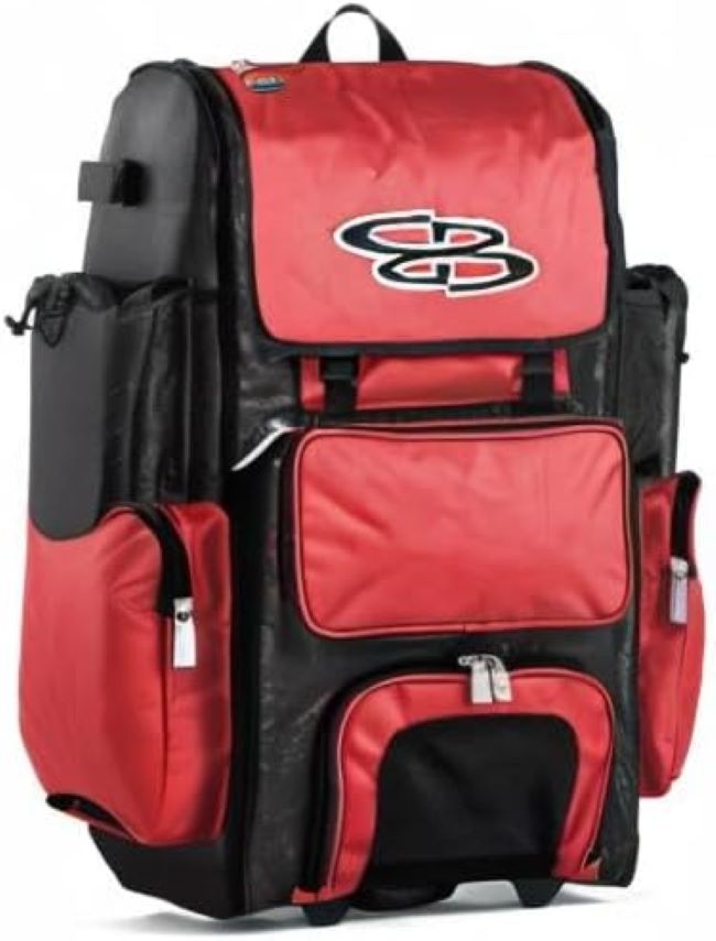 Boombah rolling Superpack bat bag with durable wheels and telescopic handle for transporting baseball and softball gear