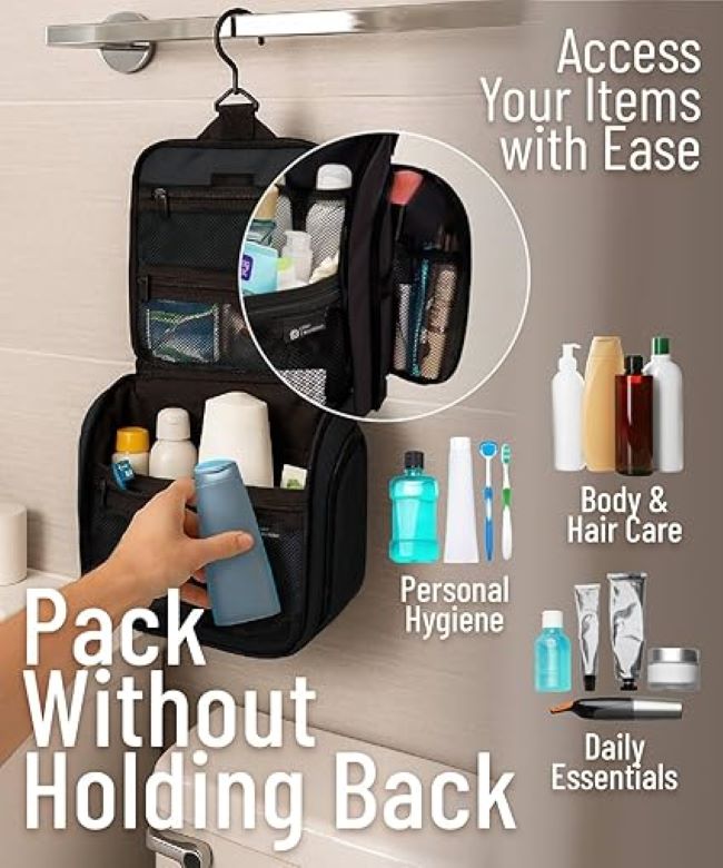 D&D Wanderlust hanging travel toiletry bag with 10 compartments for organizing cosmetics, toiletries, and makeup supplies