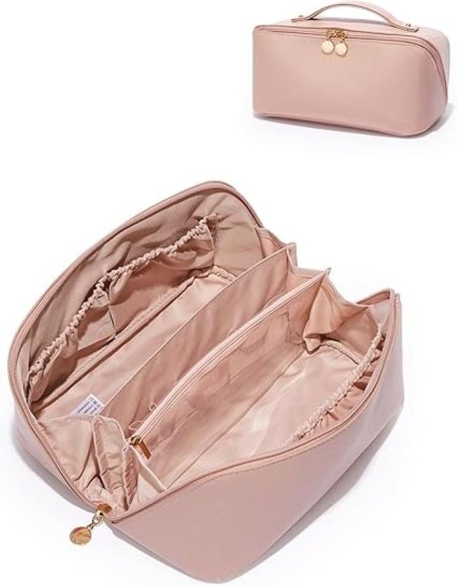 EACHY large waterproof PU leather makeup bag with flat-open design for skincare, brushes, and travel essentials