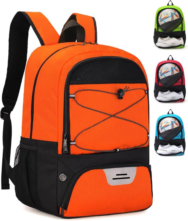 HMLIN sports backpack with ball compartment and shoe storage designed for basketball, soccer, and volleyball gear organization