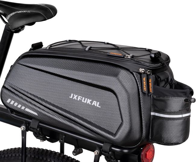 JXFUKAL hard shell waterproof bike rack bag available in multiple sizes with reflector and shoulder strap