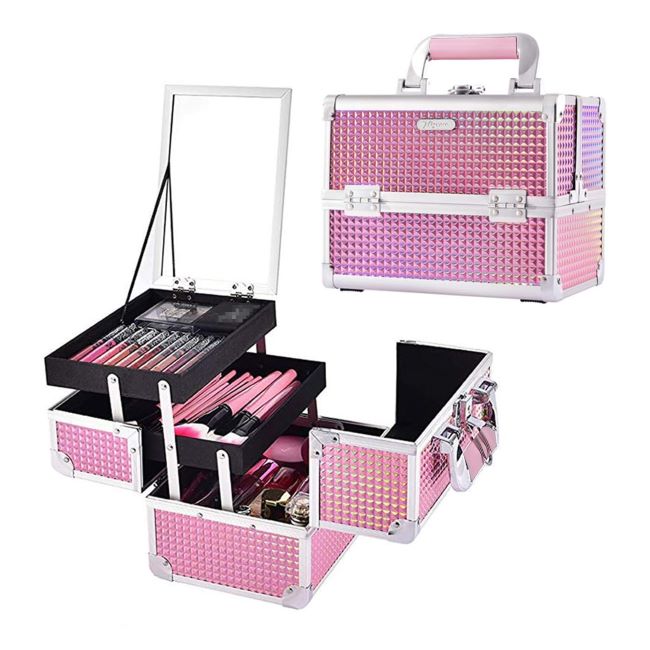 Joligrace mermaid pink makeup train case with mirror, locking trays, and portable cosmetic storage compartments