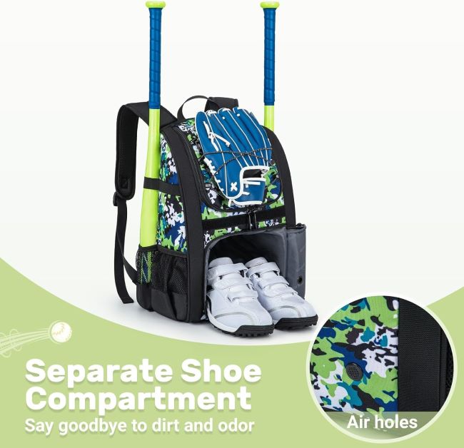 KAVIGOR youth baseball backpack with shoe compartment designed for kids’ softball and tee-ball gear organization