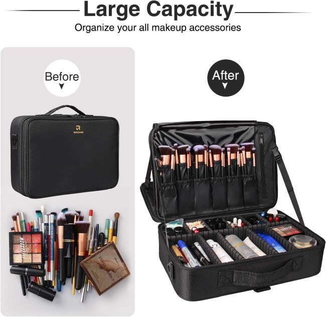 Relavel large professional makeup case with waterproof design, brush holders, and adjustable compartments for travel cosmetics