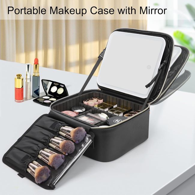 Relavel black travel makeup bag with LED mirror, adjustable dividers, and brush storage for portable cosmetic organization