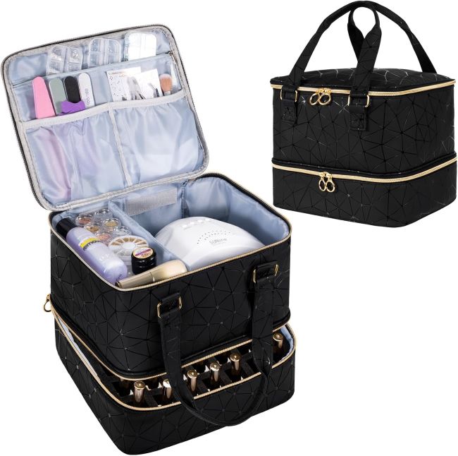 Uross black nail polish organizer bag with storage for 42 bottles and nail lamp accessories for nail technicians