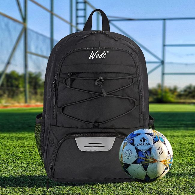 WOLT soccer backpack with ball holder and shoe compartment designed for football, basketball, and gym gear storage