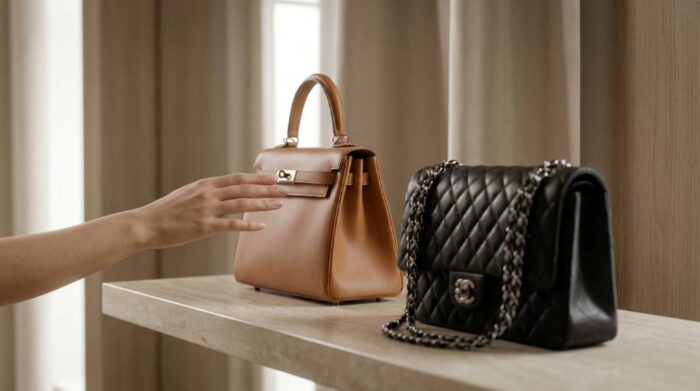 A stylish woman carrying a Hermès Birkin bag in a city setting