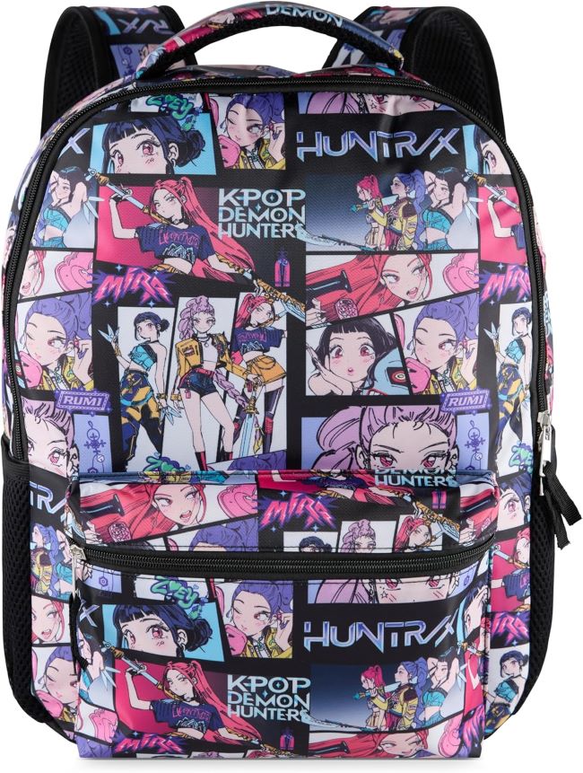 Huntrix 16-inch girls backpack with all-over character print featuring Rumi, Zoey, and Mira for school and casual use