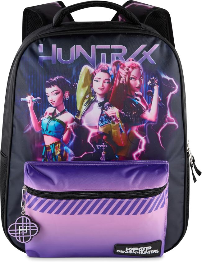 K-Pop Demon Hunters Huntrix 16-inch girls backpack featuring colorful character print and decorative molded charm for school and travel use