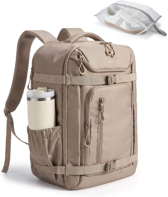 BAGSMART 35L travel backpack with 17-inch laptop compartment, wet pocket, shoe pouch, airline-approved carry-on design, and water-resistant fabric