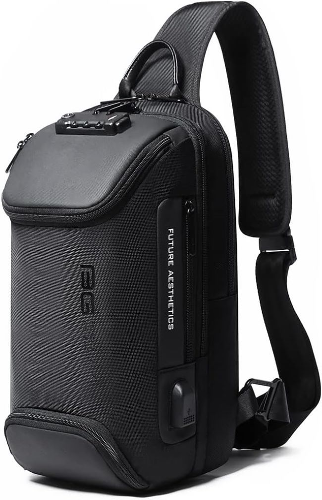 BANGE anti-theft sling backpack with security lock, USB charging port, crossbody design, and compact storage for everyday travel and commuting