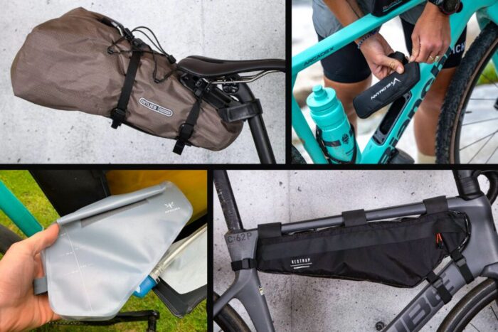 Close-up of a waterproof bike frame bag mounted inside a bicycle frame, organizing cycling gear for commuting and long-distance rides in New York