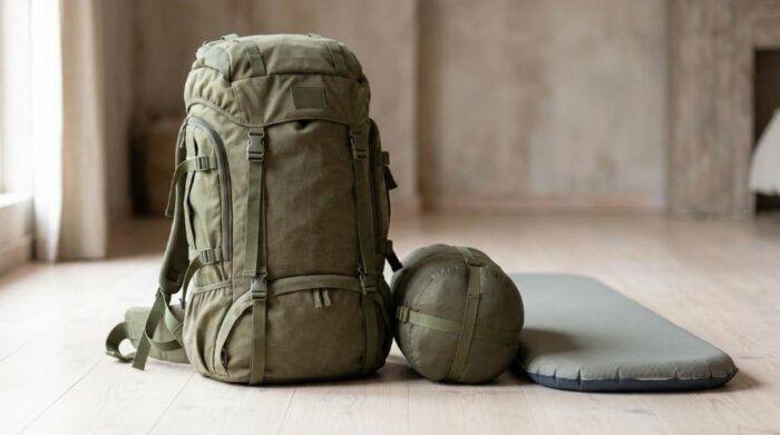 Camping backpack packed for a weekend outdoor adventure