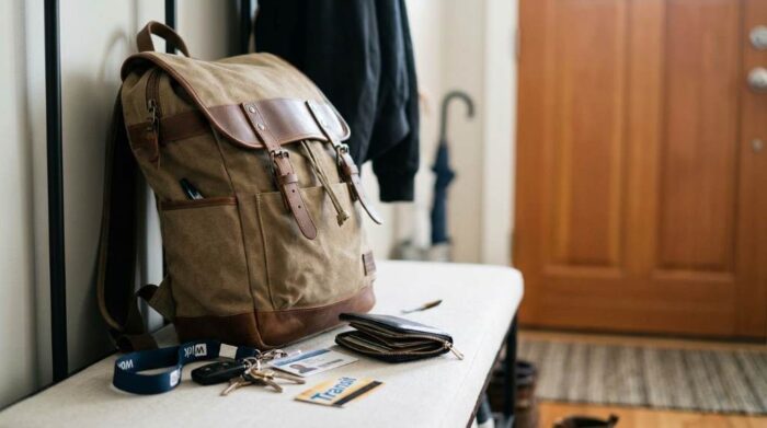 Essentials laid out for packing a commuter bag