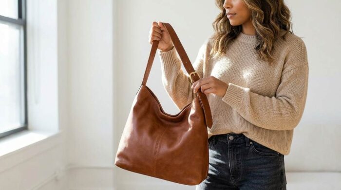 Evening look featuring a metallic hobo bag and a little black dress