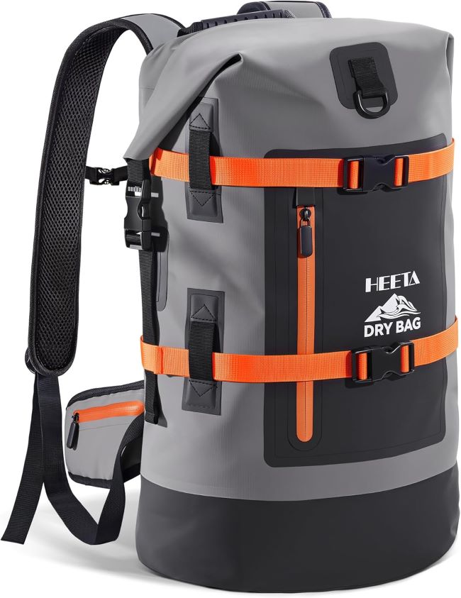 HEETA 40L waterproof dry bag backpack with roll-top closure and cushioned straps, ideal for camping, kayaking, hiking, and travel