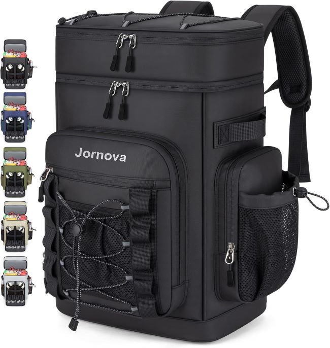 Jornova 35L insulated cooler backpack with leakproof double compartments, large capacity for up to 48 cans, ideal for camping, beach, and picnics