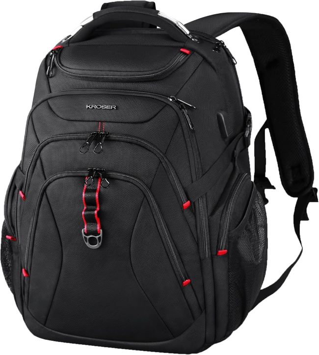 KROSER 17.3-inch XL travel laptop backpack featuring a hard shell compartment, RFID pockets, water-repellent fabric, and large-capacity organization