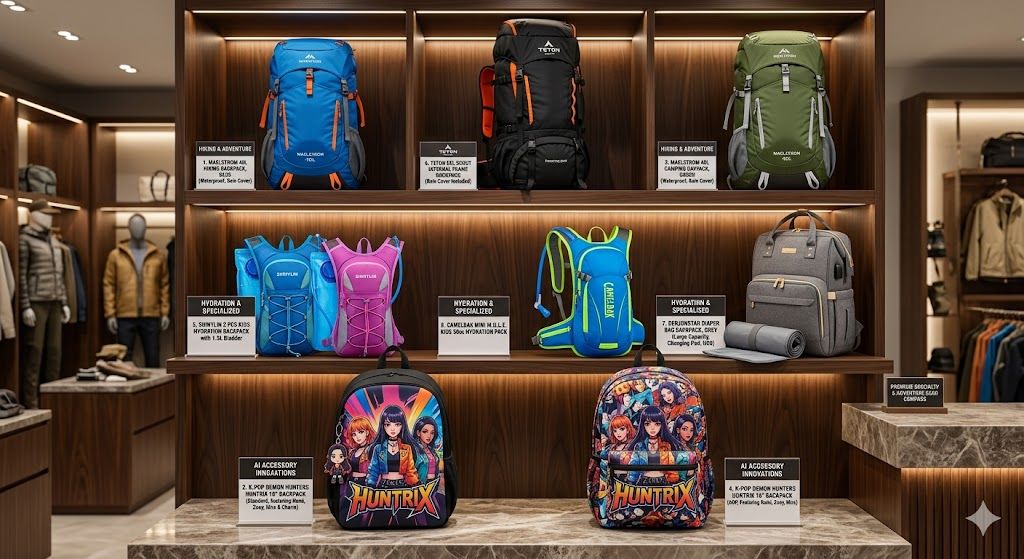 Kids camping backpacks displayed outdoors with hiking gear, showing compact and durable designs for travel and hiking trips